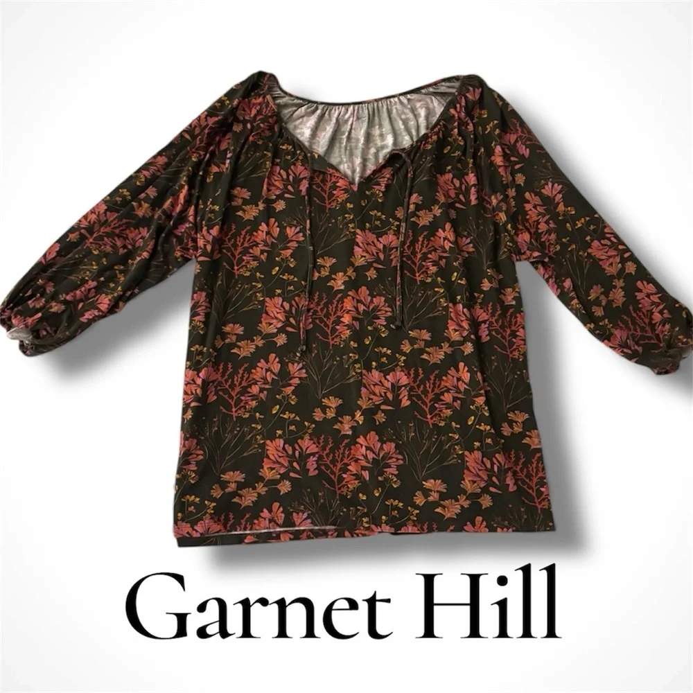 Garnet Hill Floral Print 3/4 Sleeve Peasant Blouse